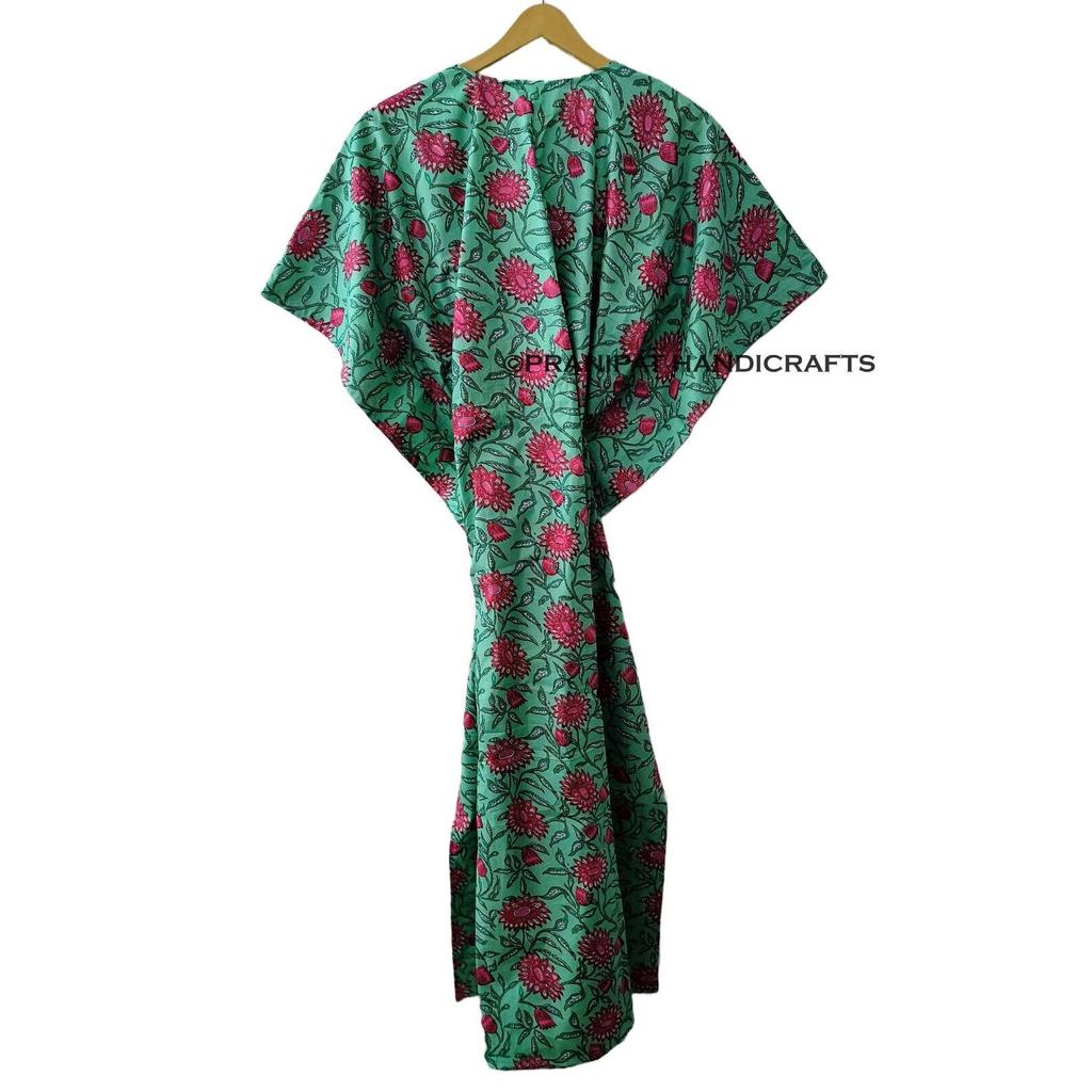 Cotton Women Summer Hippie Sleepwear Floral Print Green Long Maxi Caftan Dress CKFTN-SCRN-FULL-BUYIT-085