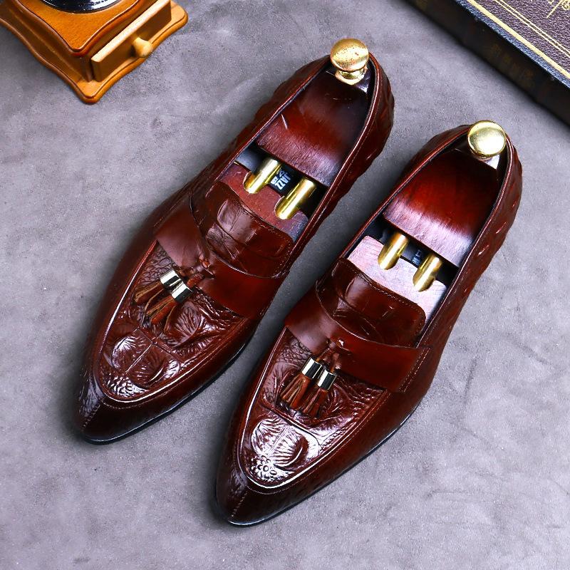

Leather shoes cowhide dress single shoes British Orchid fish pattern embossed men s shoes fringed leather shoes genuine leather 37 бордовый