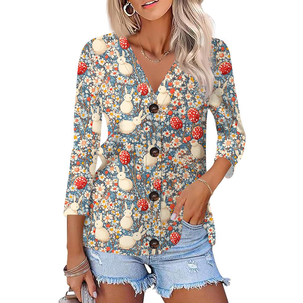 Women's Fashion Casual Print Button-down Shirt 3/4  Sleeve Tops