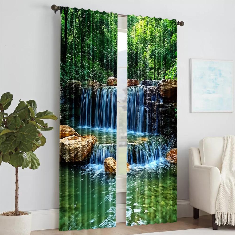 2 pcs, versatile polyester transparent curtains for home decoration Rainforest Waterfall Natural for use in bedrooms and living