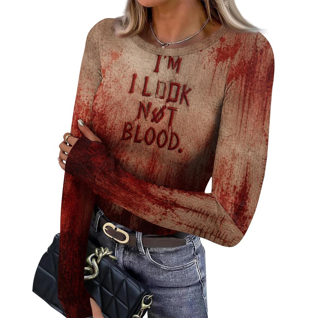 Women's Slim Fit Halloween Print Pullover Long Sleeve T Shirt Crew Neck Base Layer Top with Thumb Hole Cuffs