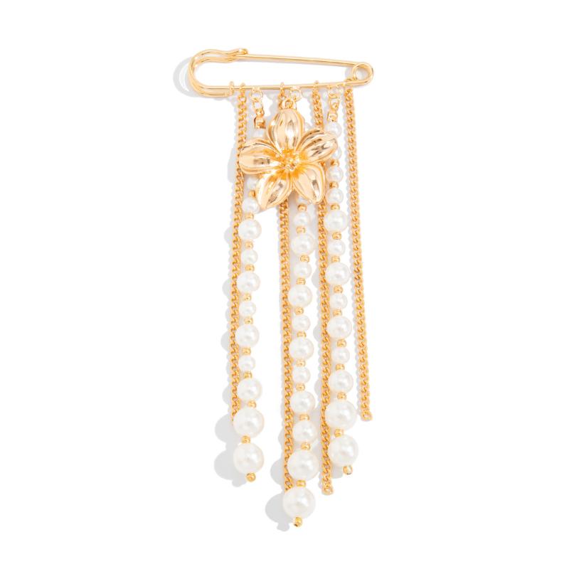 Pearl Flower Brooch Exaggerated Tassel Pin Multilayer Pants Chain Charm Lapel Pin Jewelry Decoration Accessories Gifts