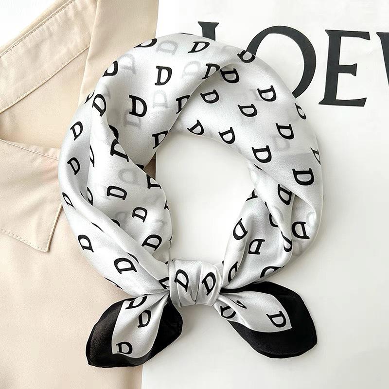 Dámský béžový hedvábný šátek - 53 cm Korejský styl Tištěný čtverec, 100% morušové hedvábí na jaro/léto