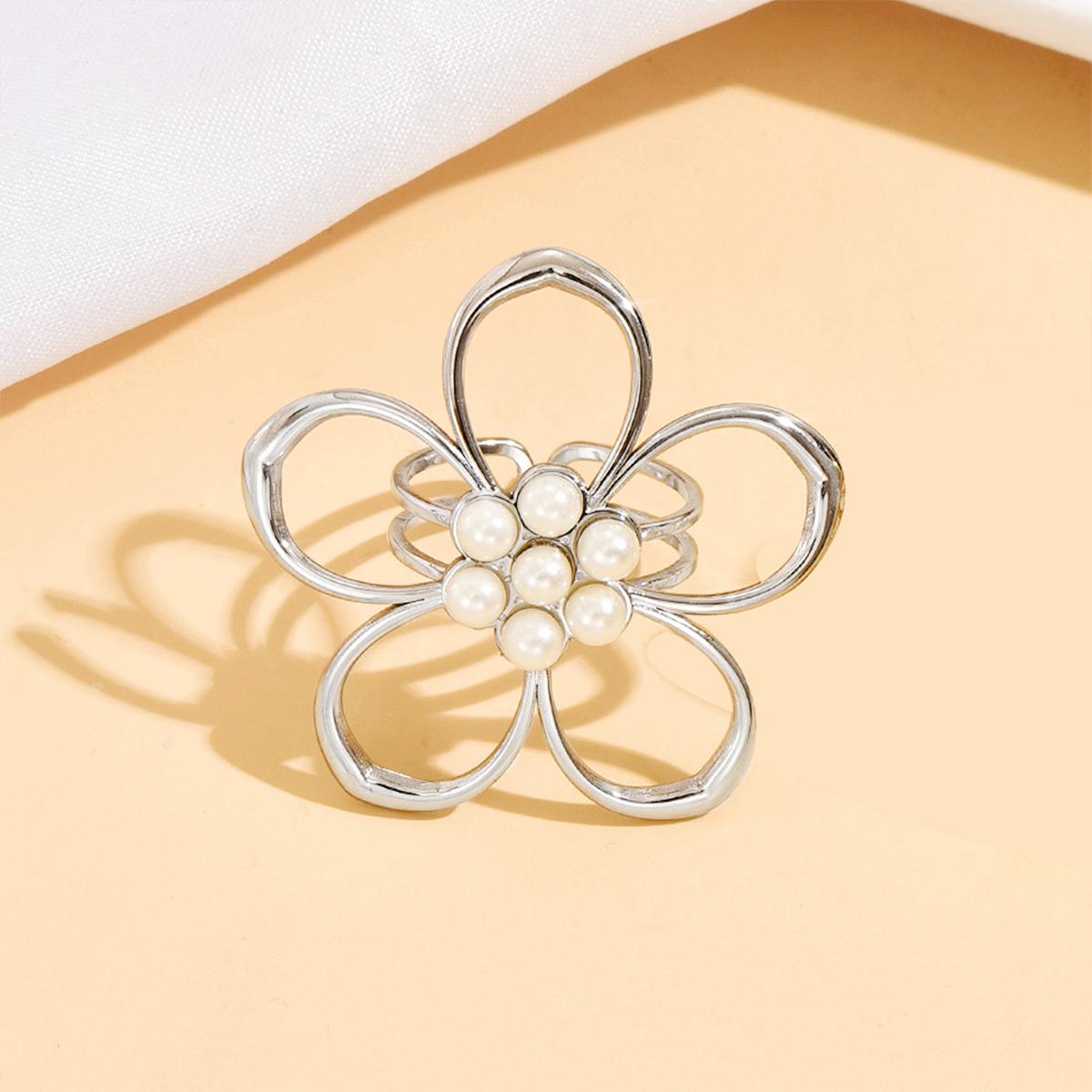 Personalized Stainless Steel Floral Pearl Open Ring for Index Finger