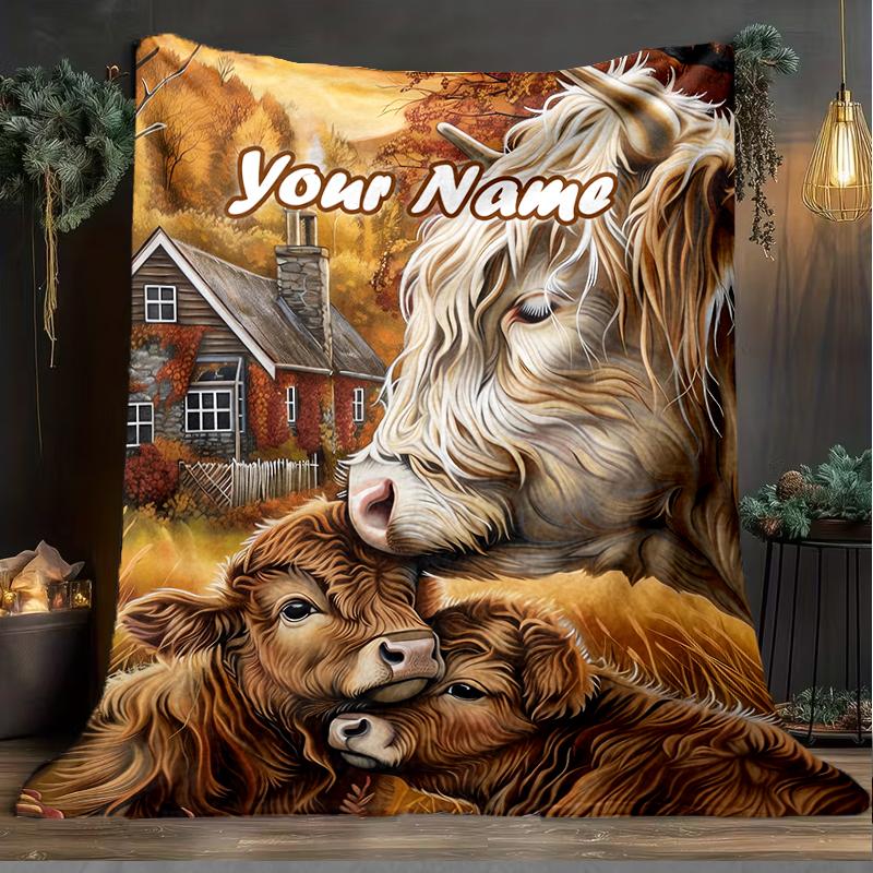 1PC Custom Name Autumnal Cow Family Scene Outdooor Flannel Blankets Patterns Throw Blanket All-Season Soft Gift for Couch, Bed, Camping Gifts