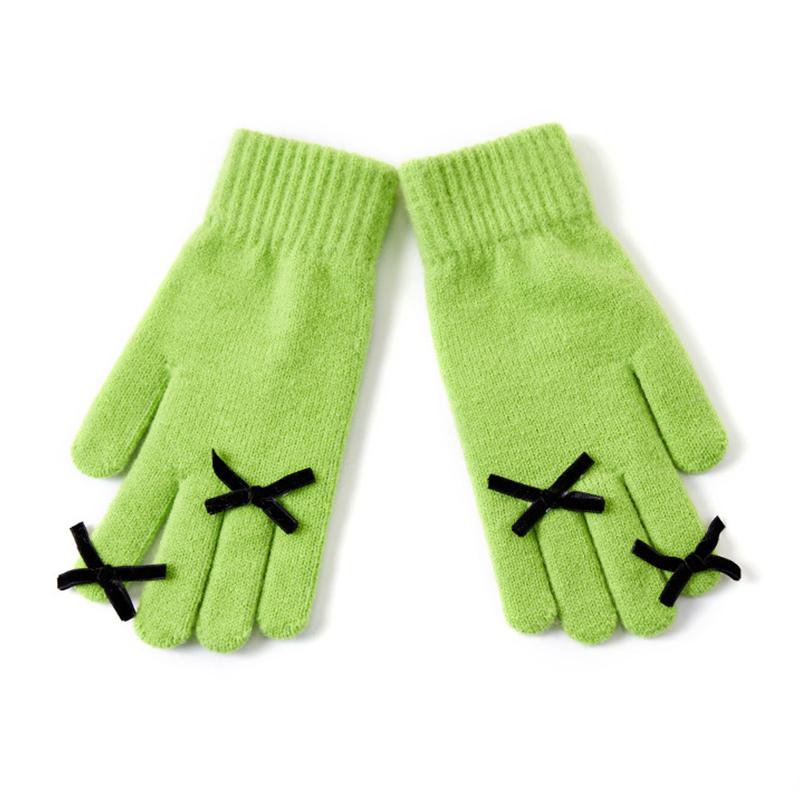 Five-finger Solid Color Warm Knitted Gloves for Women Bow-knot Cold-proof Gloves