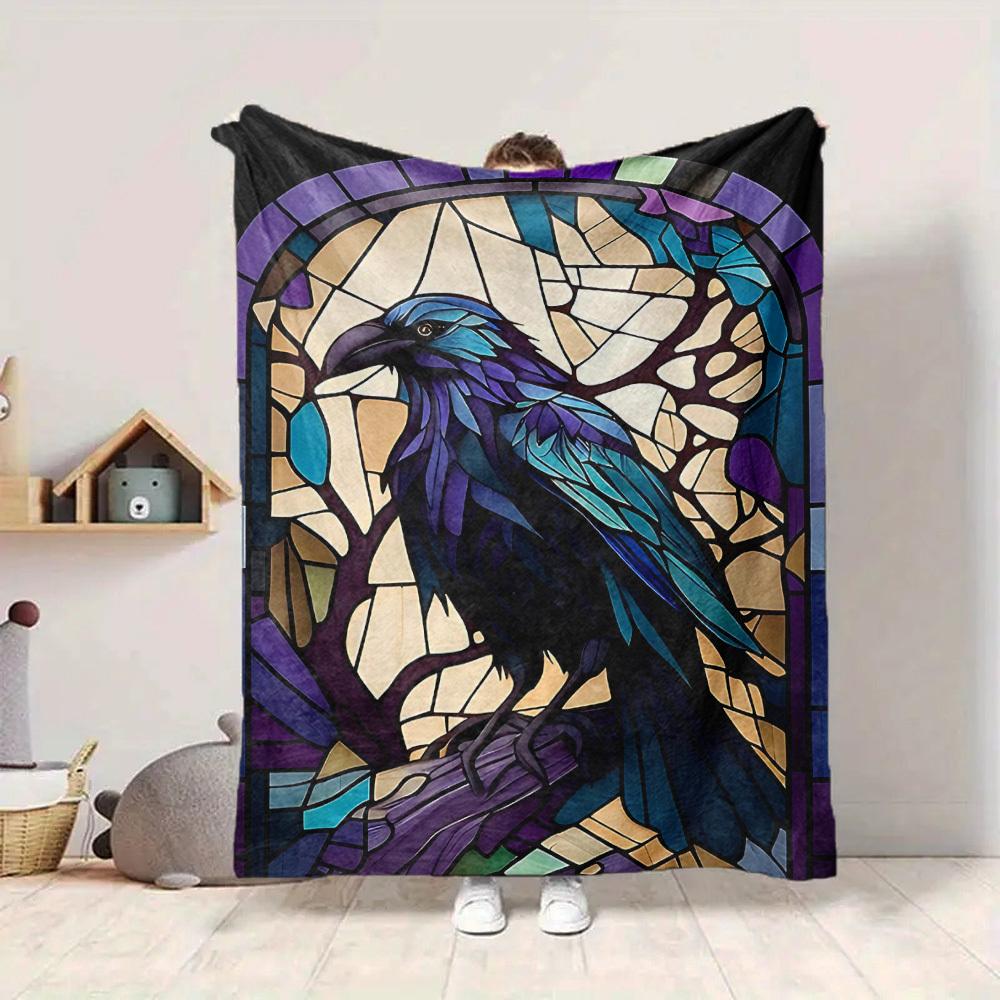 1pc Stained Glass Raven Print Blanket Lightweight Flannel Throw Blanket For Sofa, Bed, Living Room, Office, Outdoor Travel, Camping