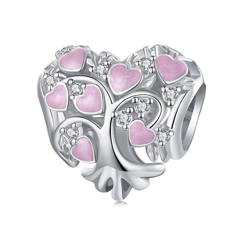 WOSTU 925 Silver Pink Heart Charms Lover Couple Wedding Pendant Opal Beads Fit for Bracelet DIY Valentine Gift