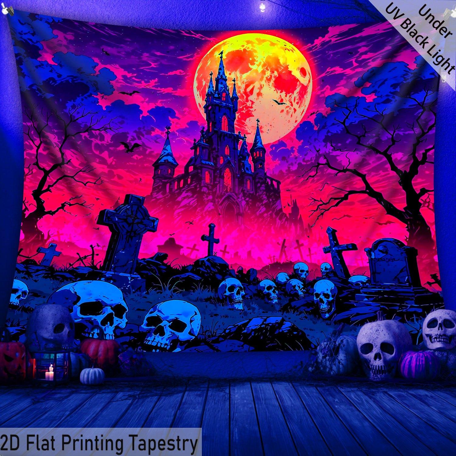Halloween Blood Moon Castle Cemetery Tapestry Neon Burial Skull Cross Pumpkin Bat Wallcloth Party Decoration 100X70CM