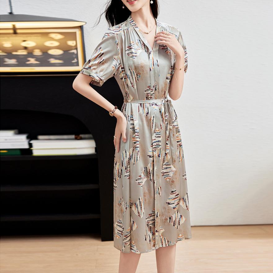 Printed silk dress women's medium and long  new heavy mulberry silk skirt