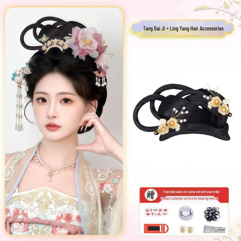 Hanfu Soft Bottom Wig with Tang & Ming Style Hair Bun Headdress for Performance