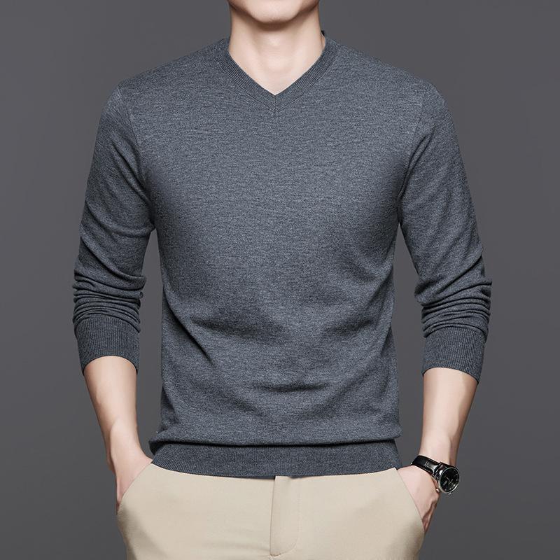 Men's Autumn and Winter Middle-aged Men's Dad Wear V-neck Versatile Solid-color Knitted Sweater Bottoming Shirt