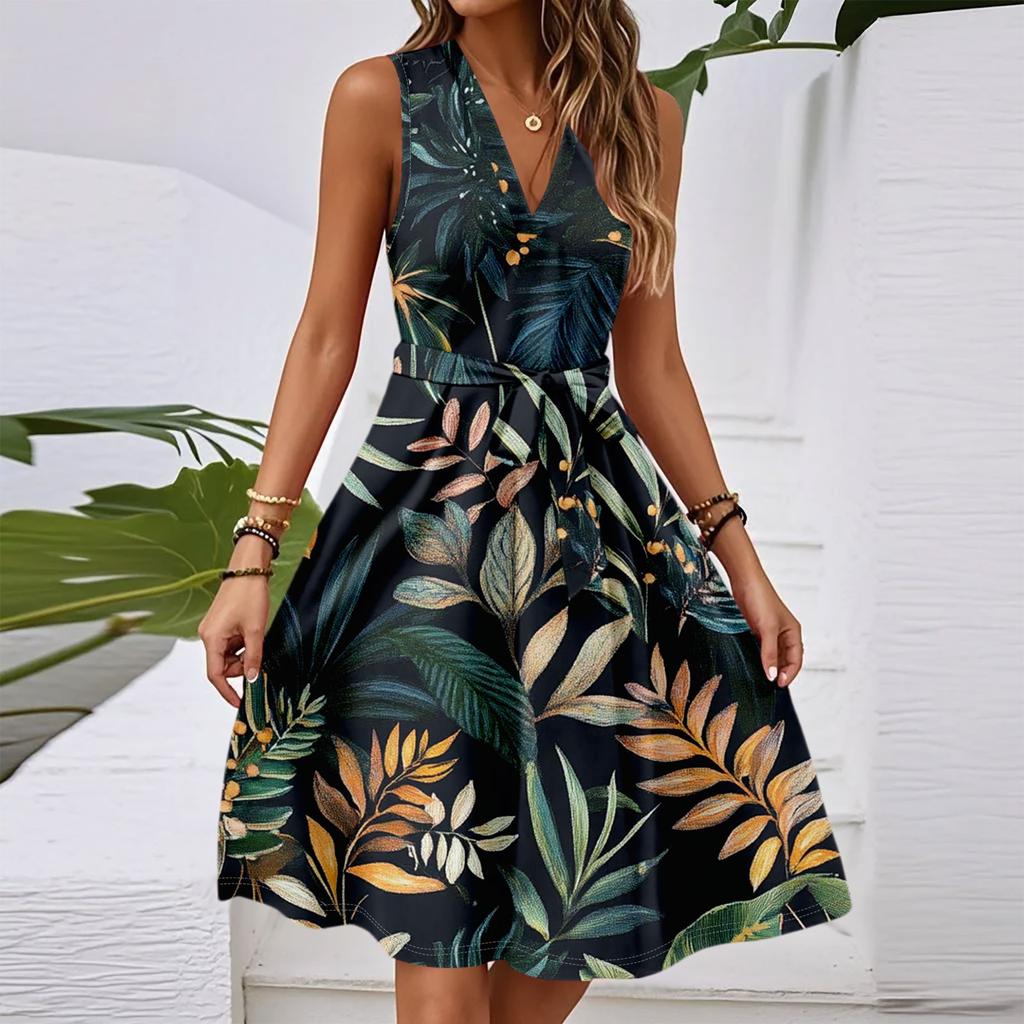 Women's Spring And Summer Casual V-Neck Sleeveless Waist Floral Print Midi Dress