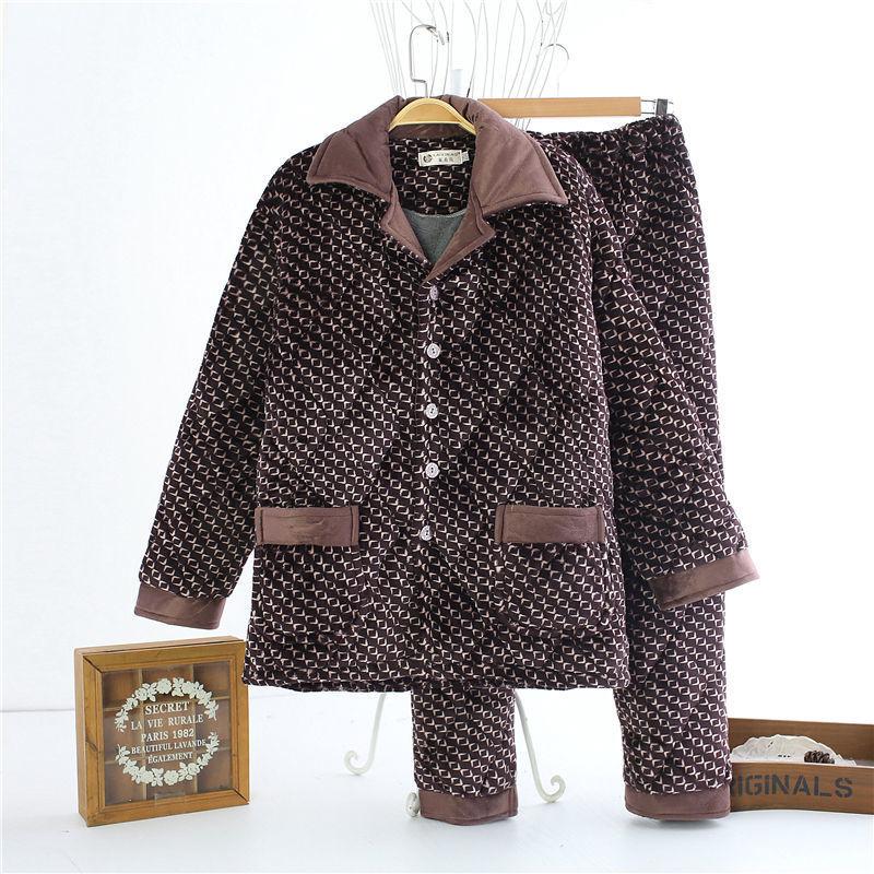 Men's pajamas autumn and winter thick padded jacket three-layer padded cotton winter warm loungewear suit casual style