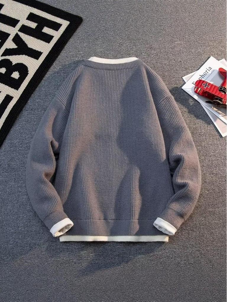 Men's Winter Patchwork Color Block Layered Sweater - Casual, Versatile, Warm Round Neck Knitwear
