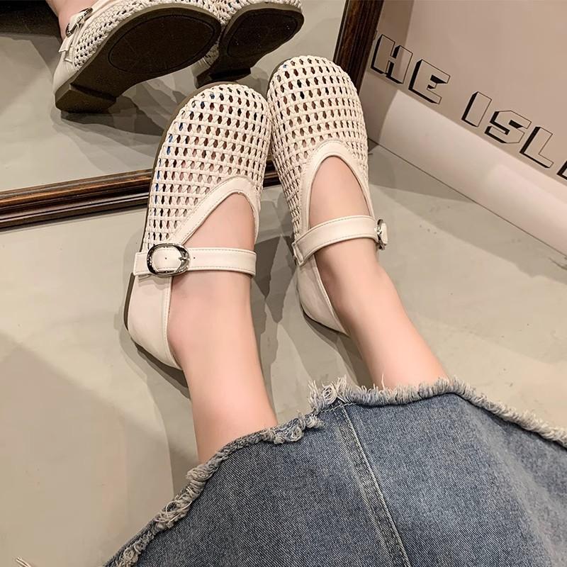 Mary Jane single shoes women's 2025 spring new flat-soled soft-soled one-word with mesh hollow woven fishing net shoes sandals