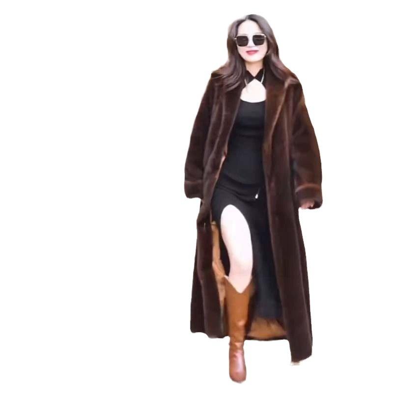 Winter neuer Damenmantel aus Imitat-Nerzfell, grün, mit Fruchtkragen, verlängert bis zum Knie, verdickt, modisch