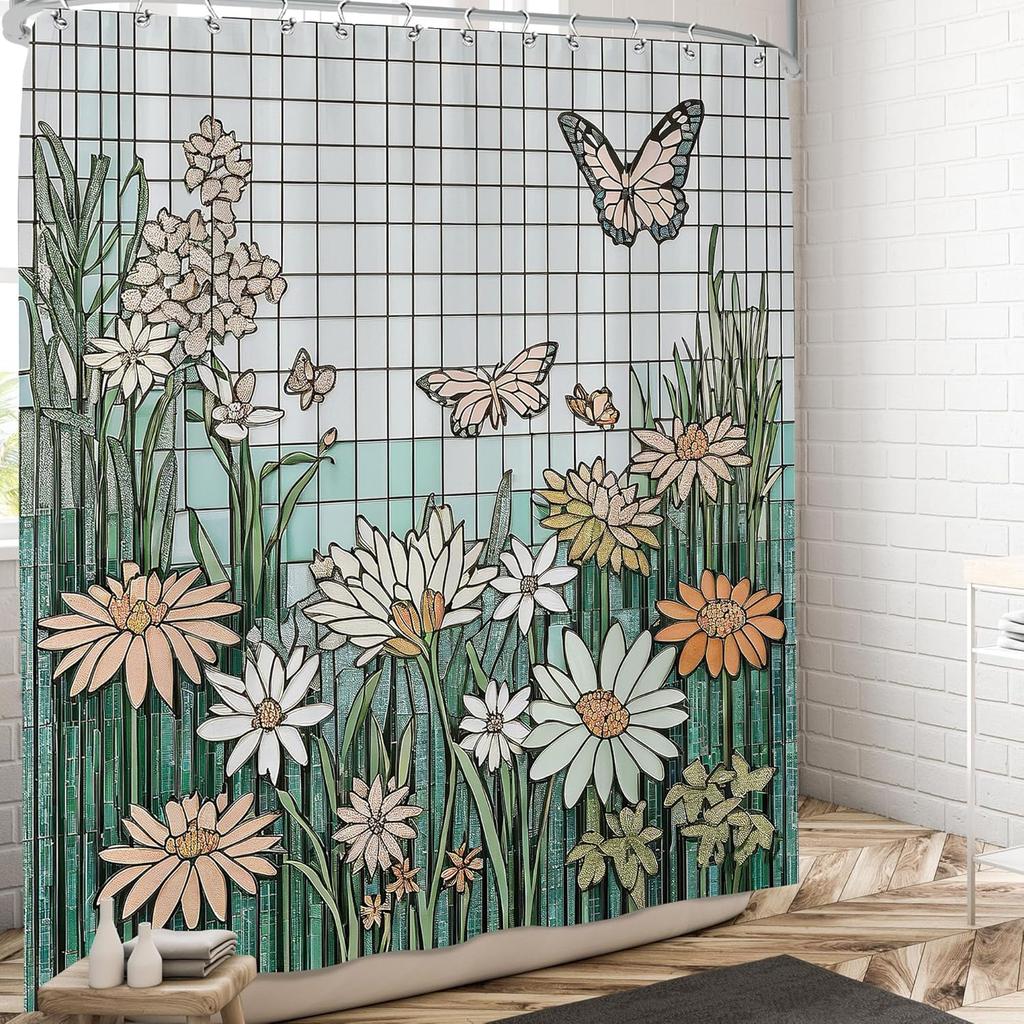 Buntglas Blumen Schmetterling Duschvorhang Set Abstrakt Geometrische Ästhetik Gänseblümchen Frühlingsblume Duschvorhänge Botanisch Pla