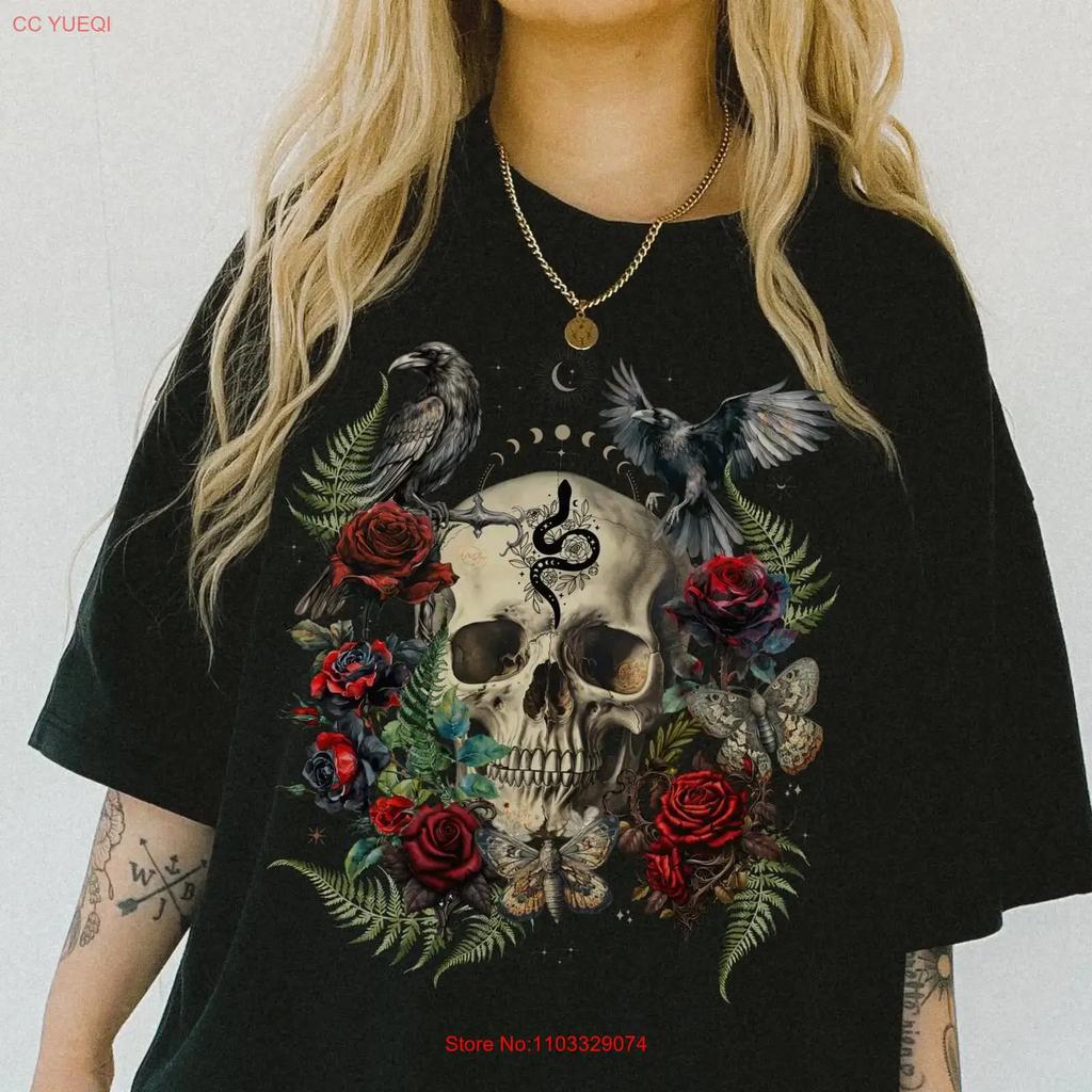 Skull and Roses T Shirt Gothic ArT Vintage Witchy Aesthetic Dark Cottagecore vintage Washed Soft designer clothes fashion