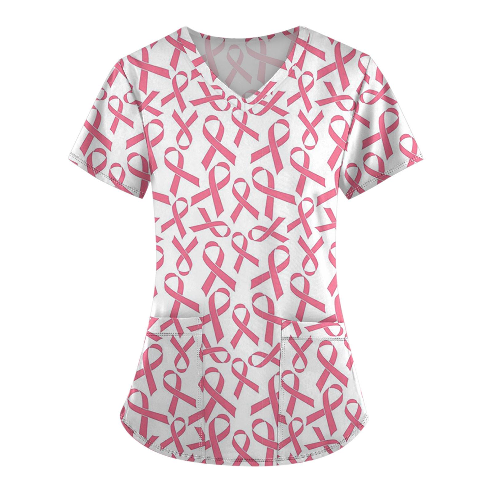 

Женская модная рабочая одежда с v-образным вырезом и коротким рукавом с карманной футболкой с принтом. XXL