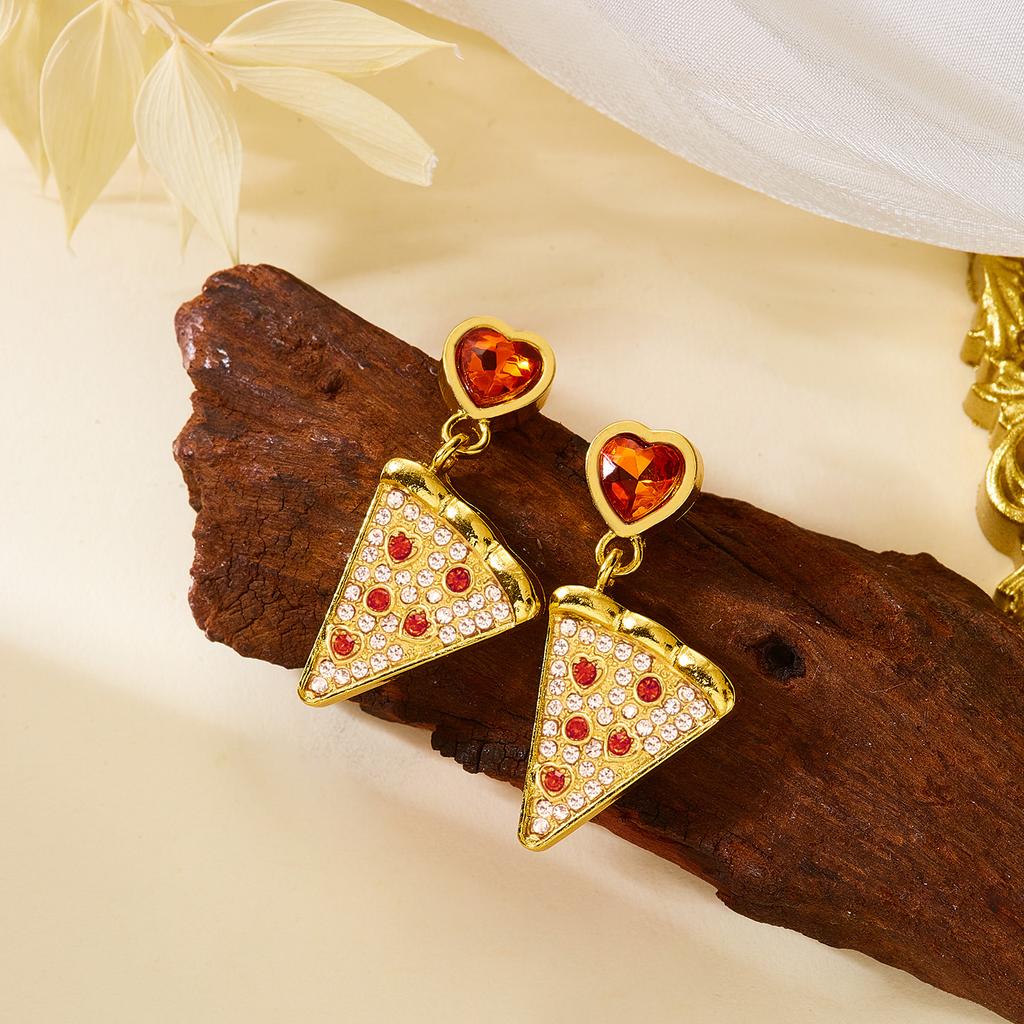 Creative Rhinestone Pizza Shaped Drop Earrings for Women Personality Metal Gold Plated Zircon Heart Earrings Daily Wear Jewelry