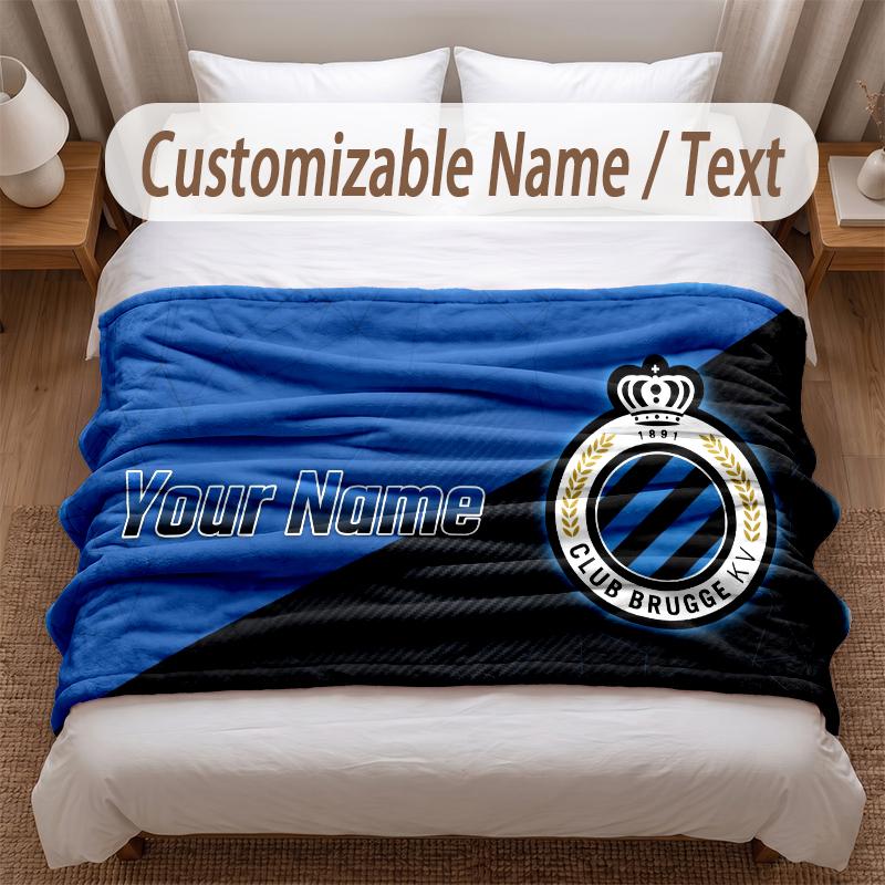 Club Brugge FC Printed Flannel Blanket Custom Name Text Soft Warm Throw For Bedroom Holiday Gift