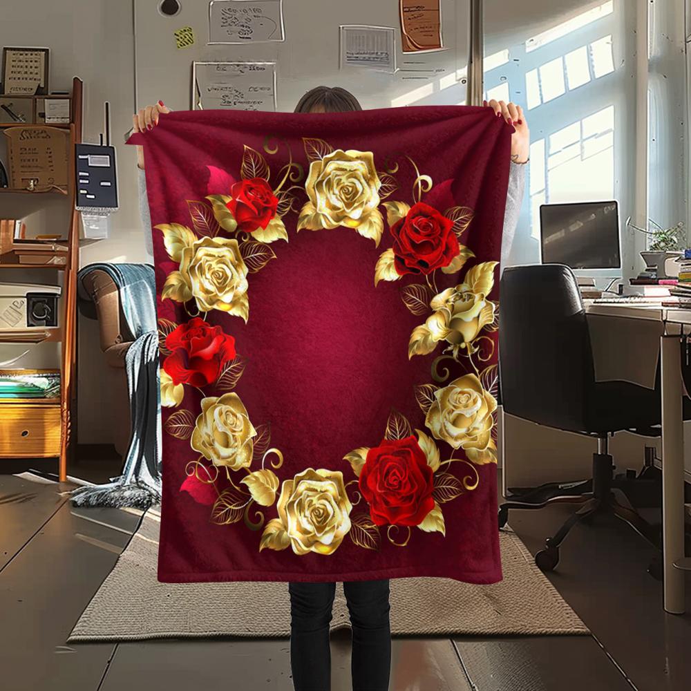 1Pc Golden Flower Print Flannel Blanket, High Quality Comfortable for All Seasons, Home Decor, Warmth and Comfort, Perfect for Gifts