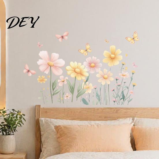 Soft Pastel Butterfly Wall Stickers 2Pcs Watercolor Flowers Sticker, PVC Waterproof Floral Decal with Butterflies, Removable Boho Style Flower