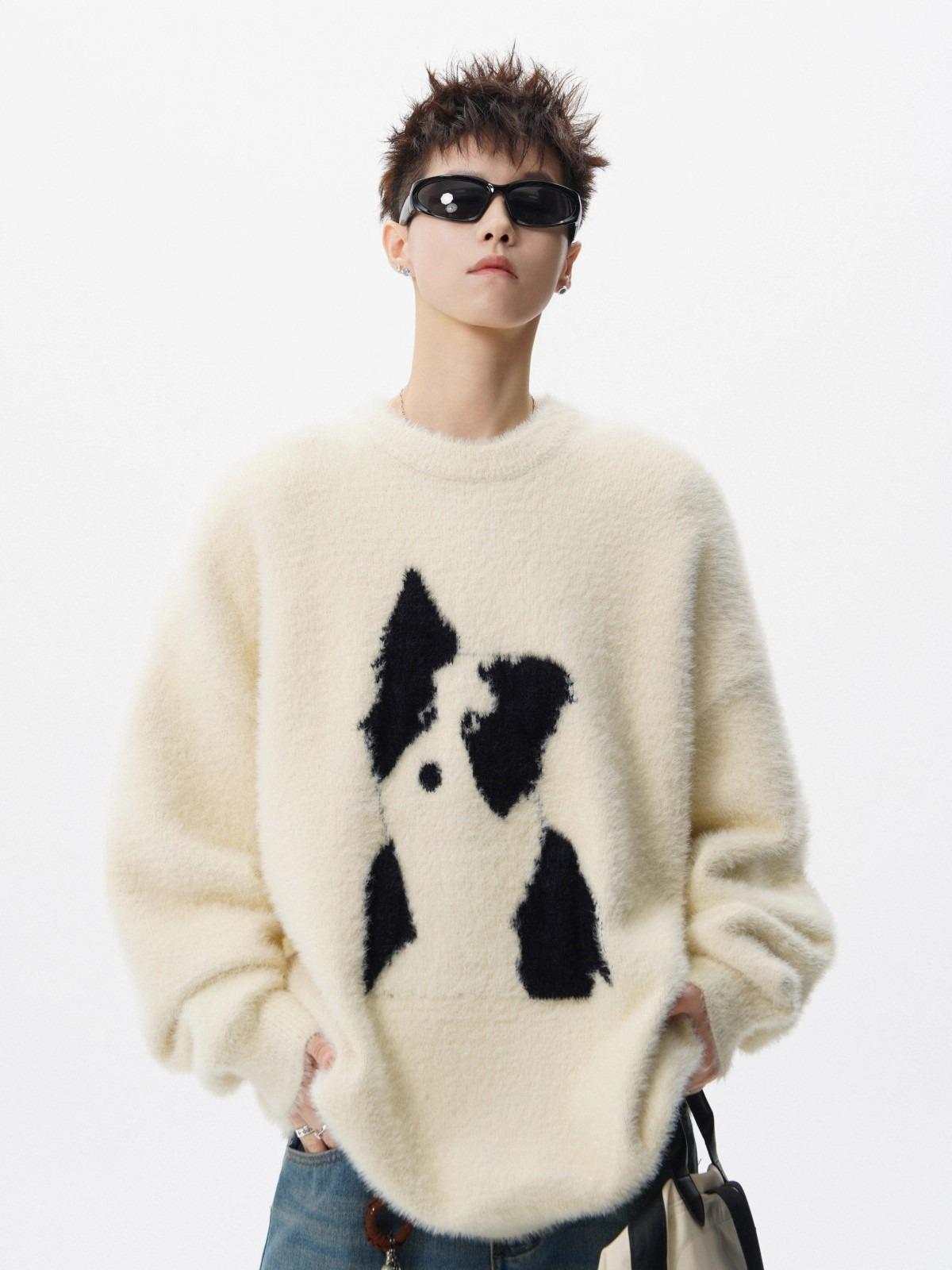 Men s American Cartoon Puppy Mohair Knit Pullover, Round Neck, Casual Winter Sweater for Couples. L
