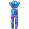 Kids Girls Hip-Hop Jazz Dance Set Mock Neck Rhinestone Mesh Patchwork Sleeveless Metallic Ruffle Crop Top with Shiny Cargo Pants