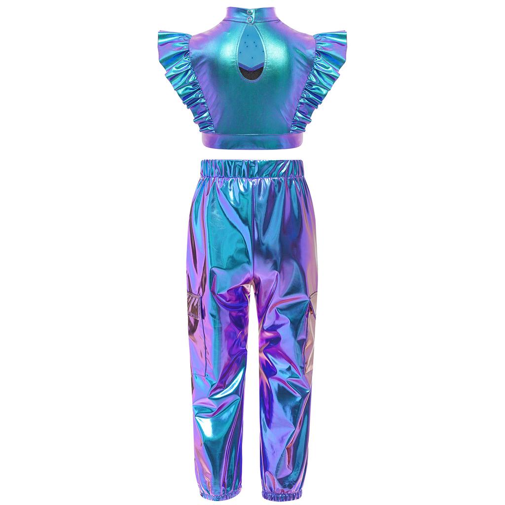 Kids Girls Hip-Hop Jazz Dance Set Mock Neck Rhinestone Mesh Patchwork Sleeveless Metallic Ruffle Crop Top with Shiny Cargo Pants