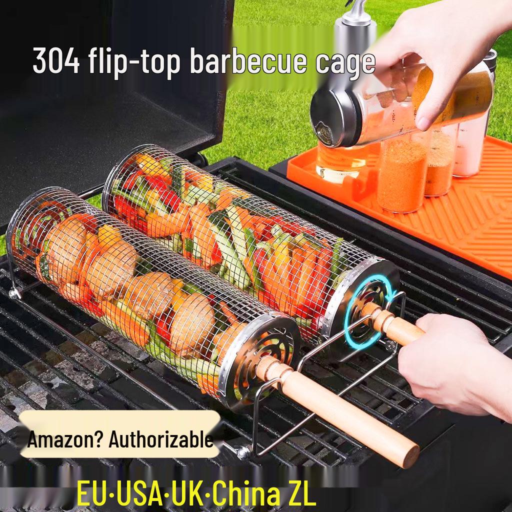 Outdoor BBQ Rolling Grill Basket, 304 Stainless Steel Barbecue Cylinder Net Cage.