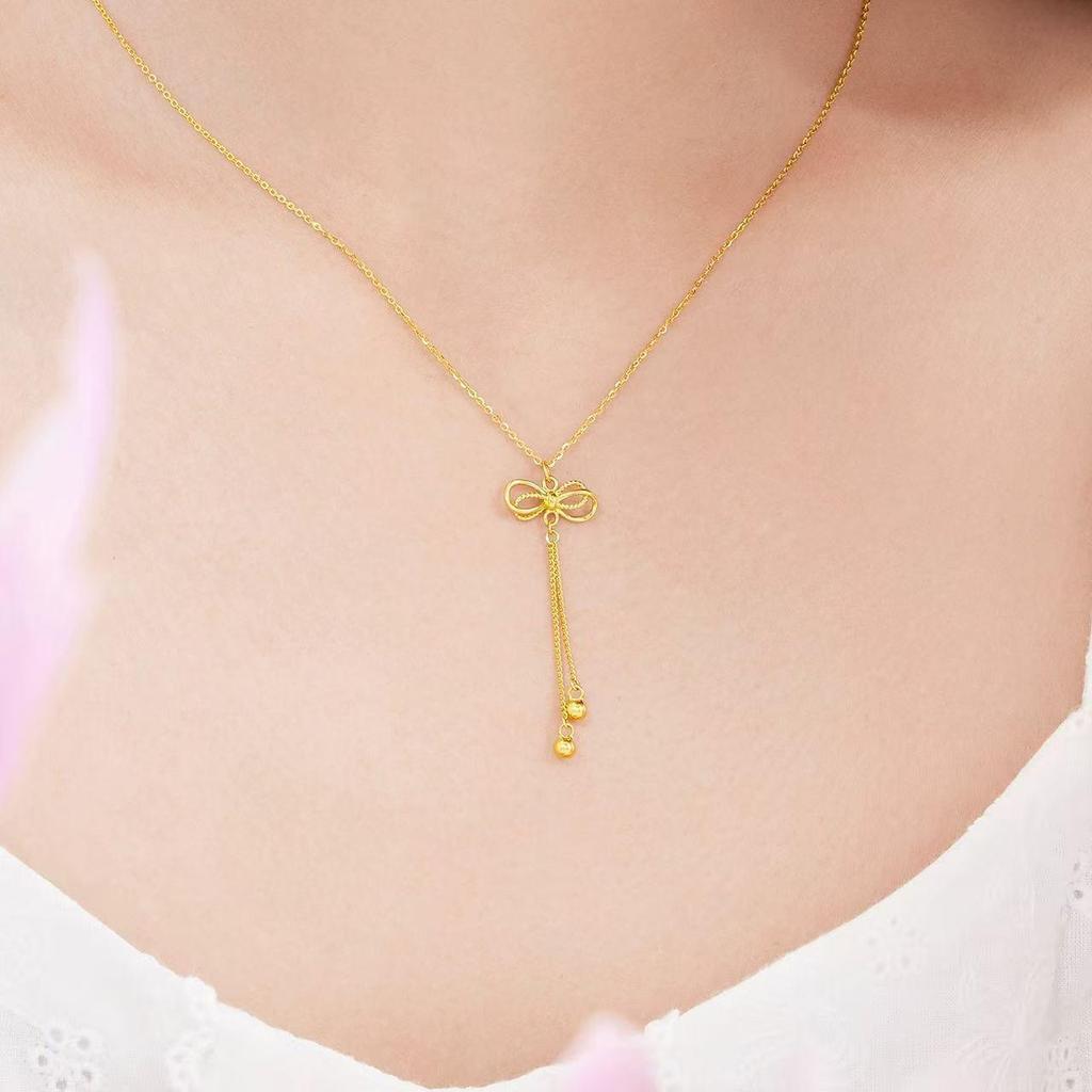 Women's Gold Style Bow Tassel Necklace - Niche Design, Elegant Pendant, Versatile Clavicle Chain