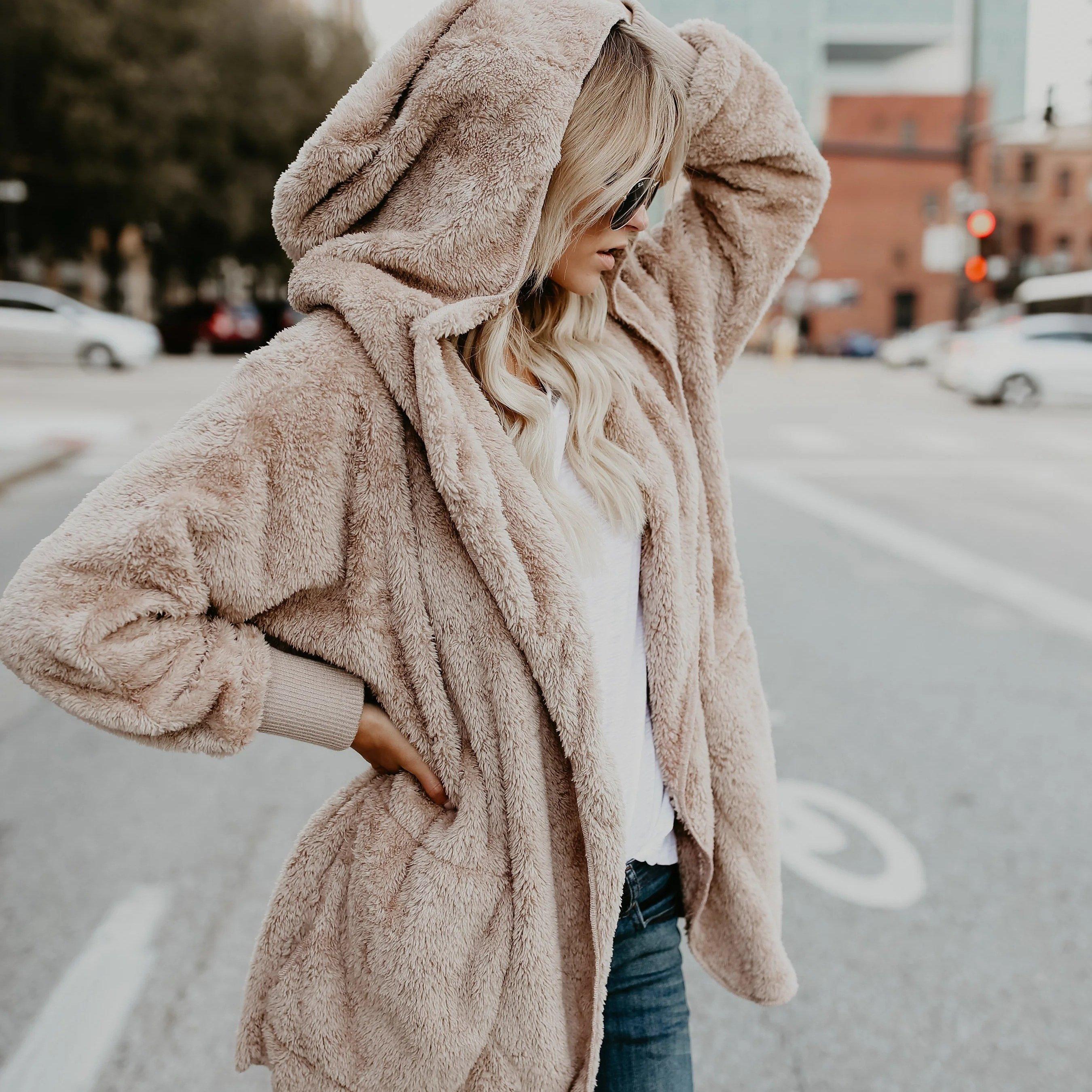 

Пальто с капюшоном Fuzzy Solid, повседневная верхняя одежда с открытым передом и длинными рукавами, женская одежда XXL абрикосовый