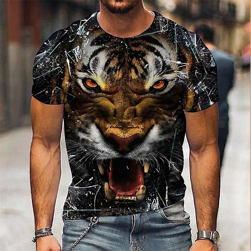 Męski T-shirt z krótkim rękawem z okrągłym dekoltem i nadrukiem cyfrowym 3D tygrysa - Modny Oddychający Wygodny Top na Lato Oversize