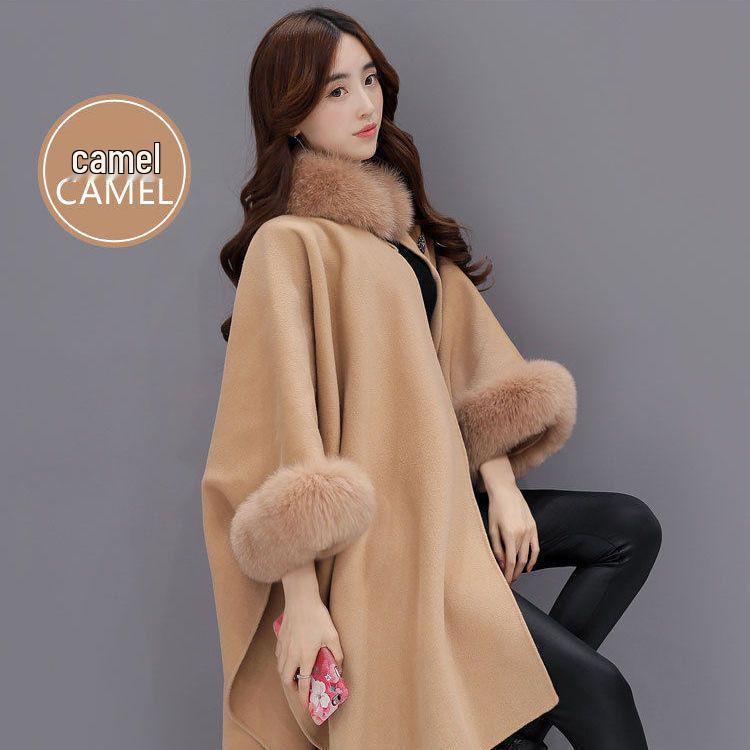 Women's Hepburn Style Wool Coat with Large Rabbit Fur Collar - Autumn/Winter Mid-Length Cape Shawl, Plus Size Available.