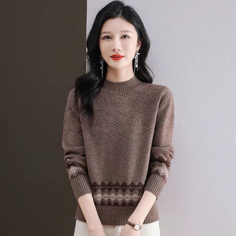 Women's Semi High Neck Retro Sweater Autumn and Winter Jacquard Color Blocked Knitted Sweater Top for Women