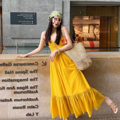 French Temperament Yellow Suspender Dress Children's Summer New Seaside Vacation Waist Dress