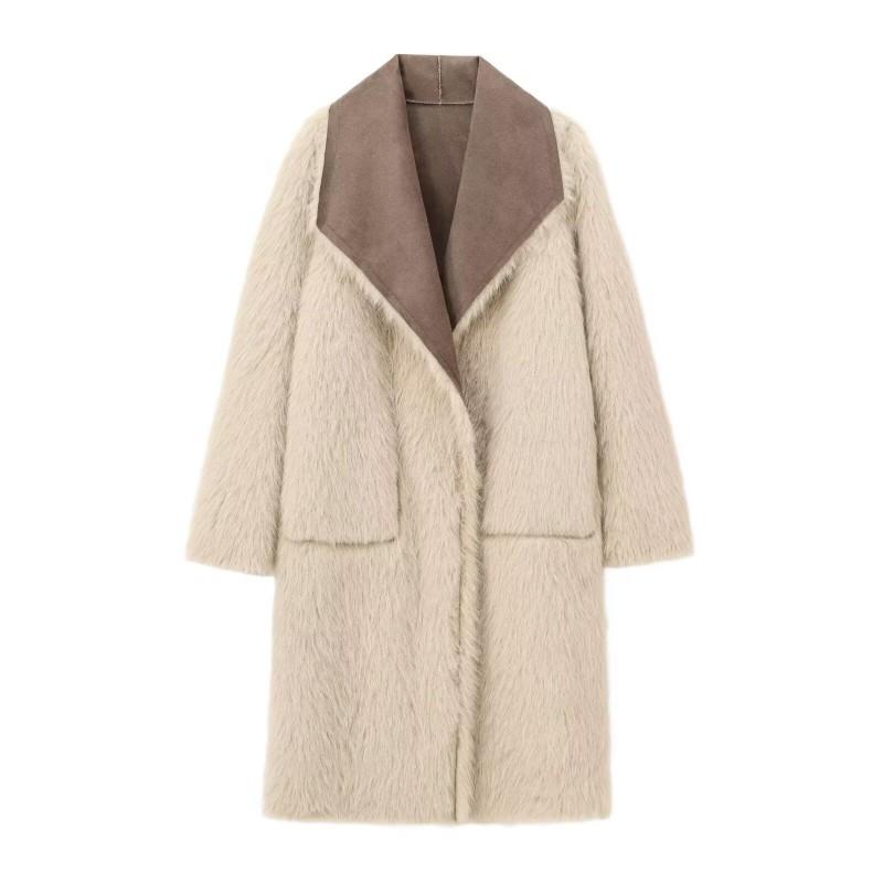 Womens Double-Sided Faux Fur Long Coat Winter Streetwear Oversized Hoodless Jacket Black Khaki