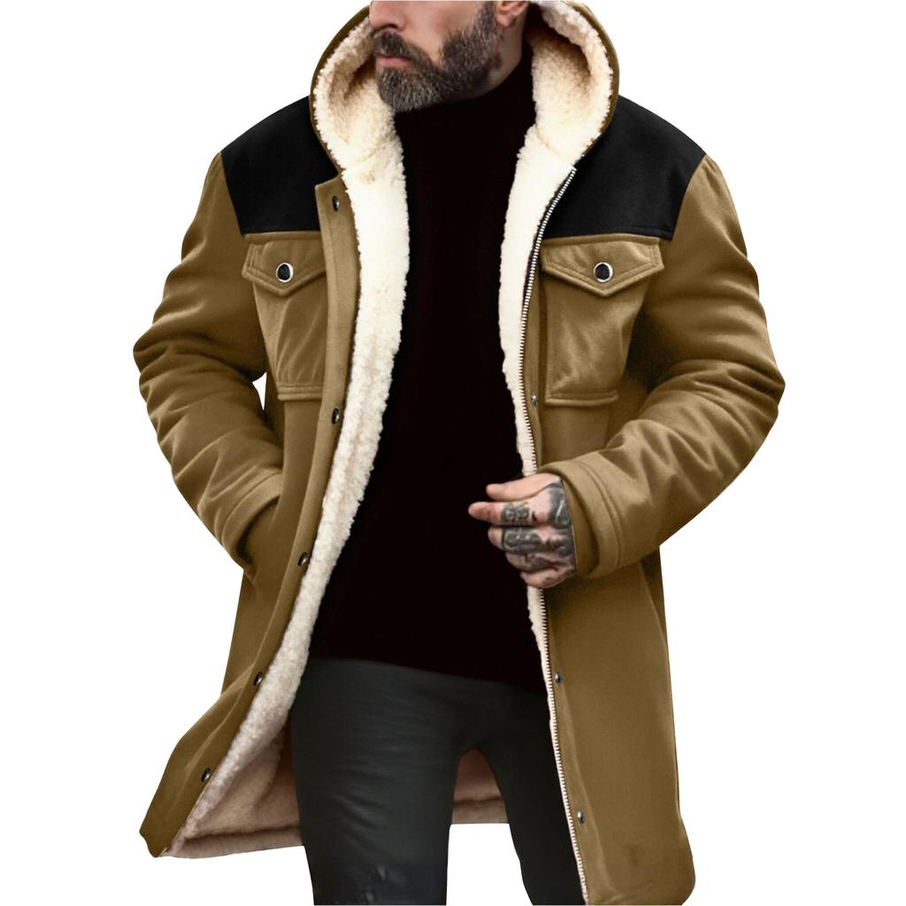 Men's Solid Color Button Pocket Work Wear Plus Leather Jacket Men's Casual Long Coat