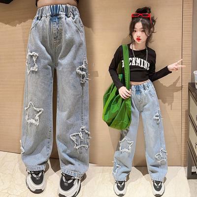 Spring Autumn Teenager Girls Denim Wide Leg Pants Children Trousers Fashion Star Pattern Girls Jeans