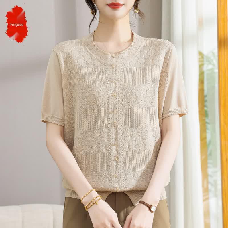 

Elegant Ice Silk Knit Short Sleeve T-Shirt 2XL