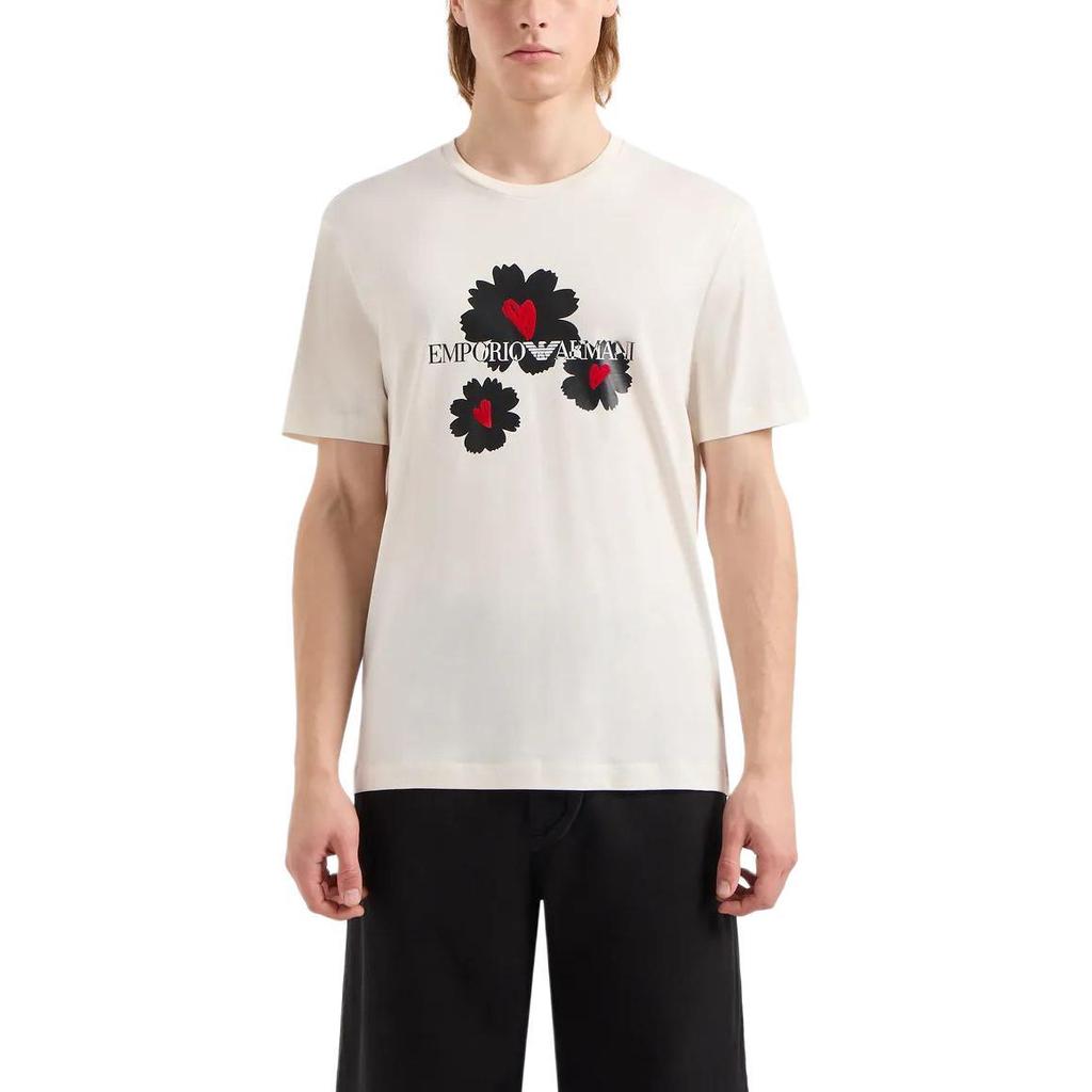 Emporio Armani Floral Letter Print Crew Neck Short Sleeve T-Shirt Men Tops White 3D1T8P1-J7FZ1-0132