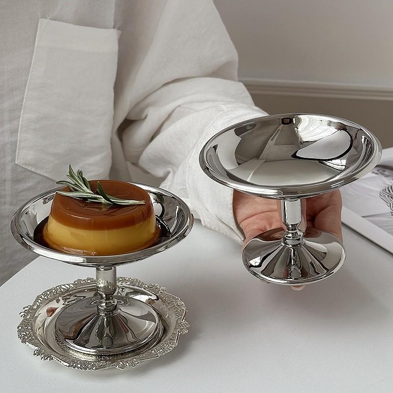 Retro Stemmed Dessert Cup Stainless Steel Dessert Plate Cake Tray Ice Cream Pudding and Milk Jelly Bowl Tall Cup Cute Plates