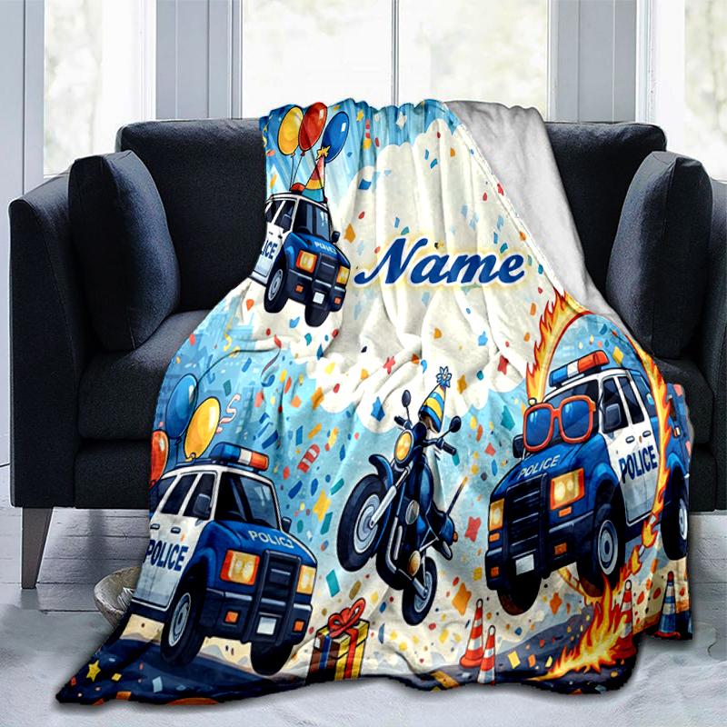 1PC Custom Name Police Party Celebration flannel blanket versatile,all-season throw suitable for the living room,bedroom,camping,travel,and gift
