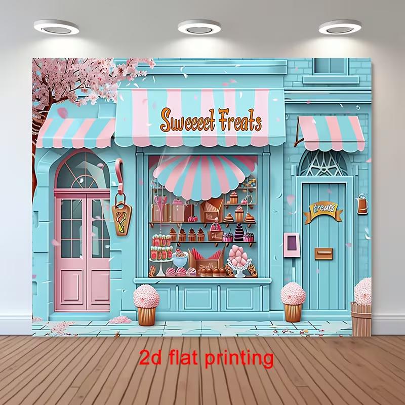 2D Aesthetic Candy Store Backdrop, Cute Pastry Shop Tapestry for Sweet Themed Party