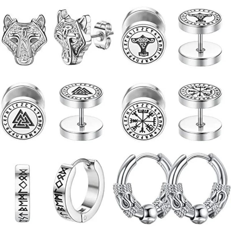 

1/6Pairs Set 18G Viking Rune Round Stud Earrings for Women Men, 316L Stainless Steel Cartilage Tragus Helix Piercing Zircon
