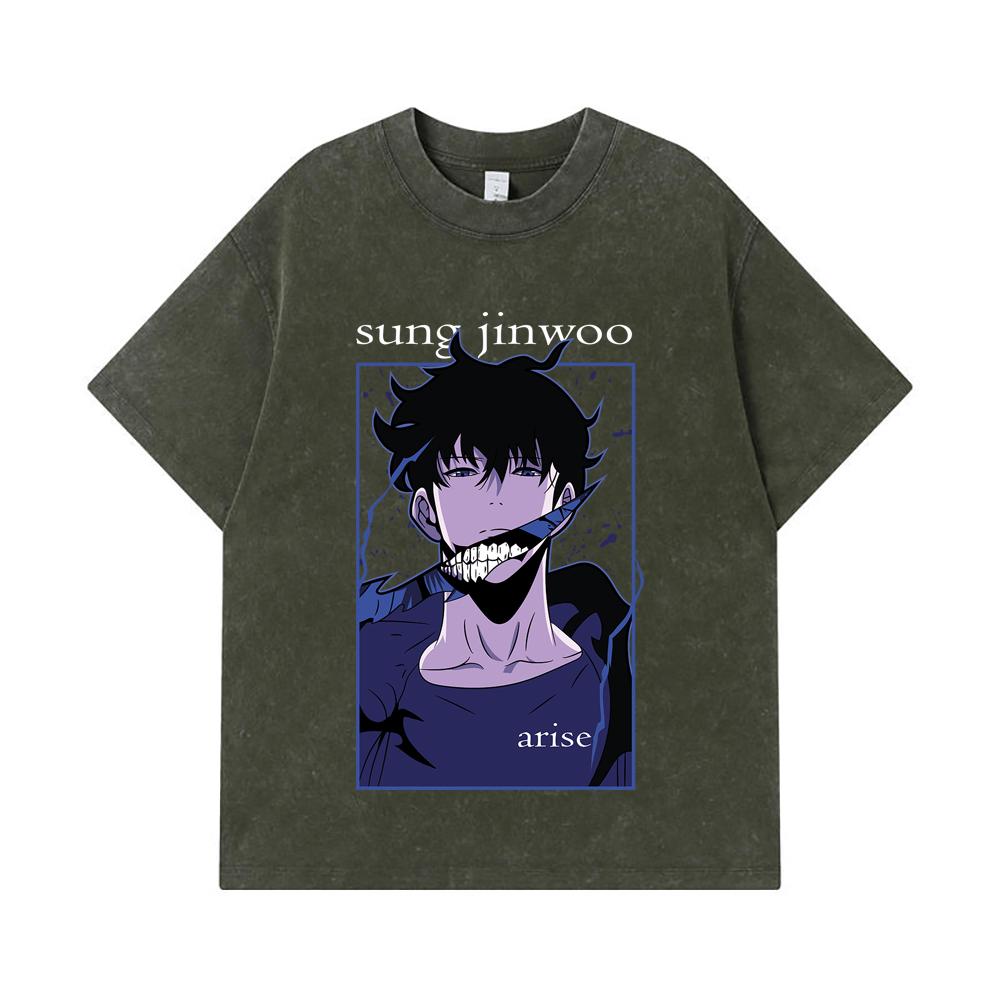275 GSM Washed T-shirts 100% Cotton Solo Leveling V17 Print Unisex Heavy Cotton T Shirt S
