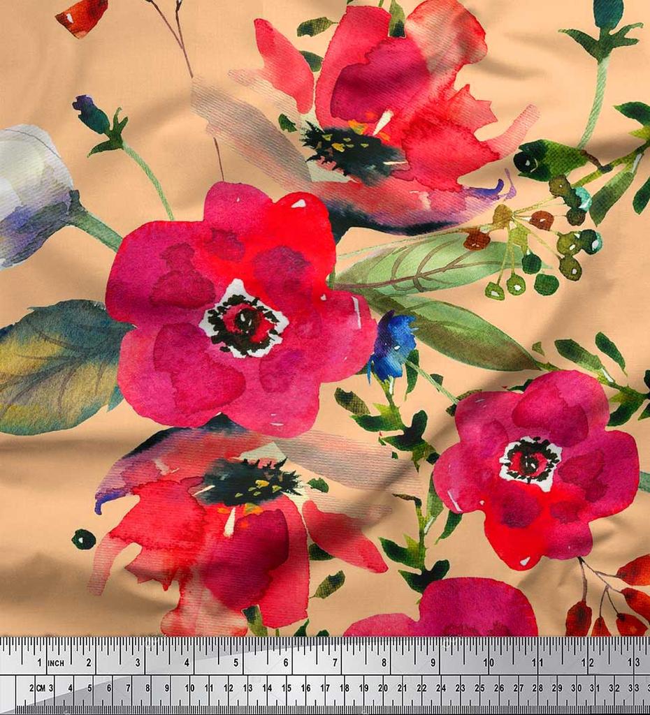 Soimoi Japan Crepe Satin Fabric Leaves & Poppy Flower Print Sewing Fabric Metre 42 Inch