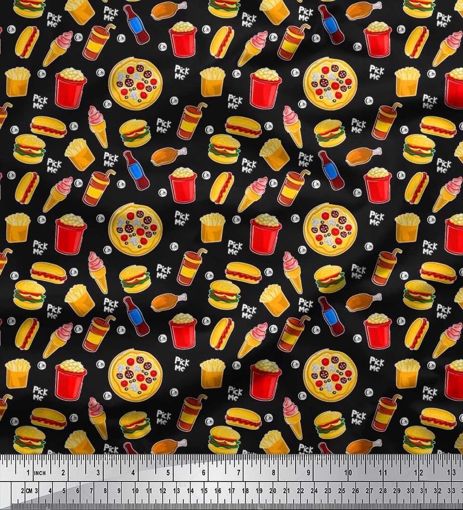 Soimoi Japan Crepe Satin Fabric Cold Drink,Pizza & Burger Food Printed Fabric 1 metre 42 Inch